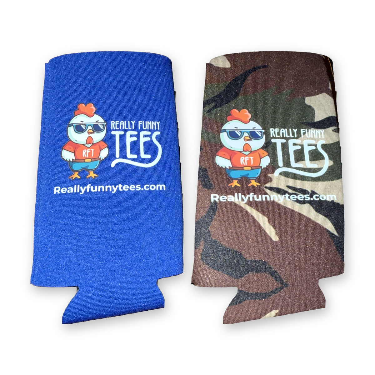 Really Funny Tees koozies in Blue and Camo