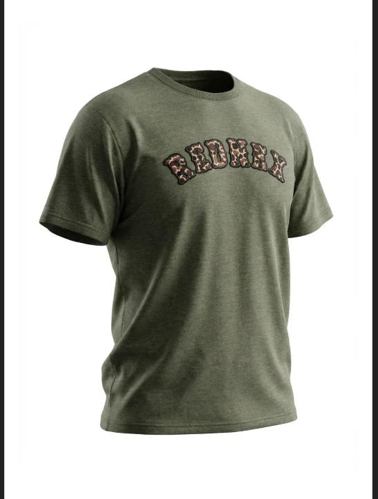 An olive heather green short-sleeve t-shirt with 'REDNEX' printed across the chest in an arched varsity-style font with a leopard-print fill, displayed on a white background.