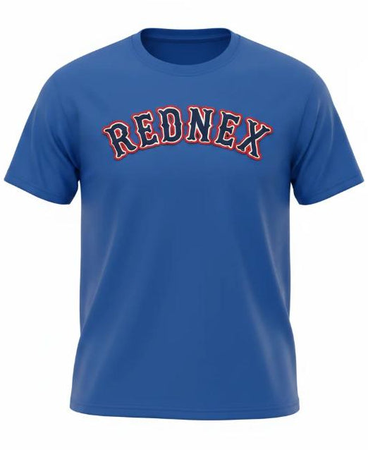 A royal blue short-sleeve t-shirt with 'REDNEX' printed across the chest in an arched varsity-style font with a red-orange outline, displayed on a white background with black borders.